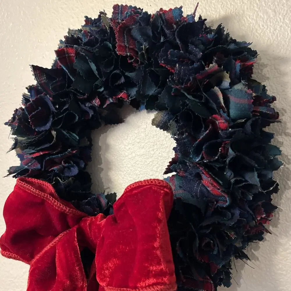 Handmade Pendleton Wool Shirt Wreath 12” Christmas Winter Plaid Red Velvet Bow